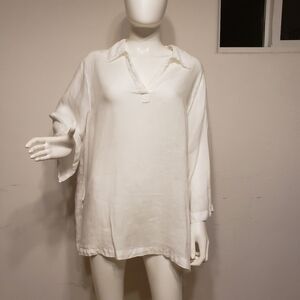 Tahari White 100% Linen Tunic Blouse